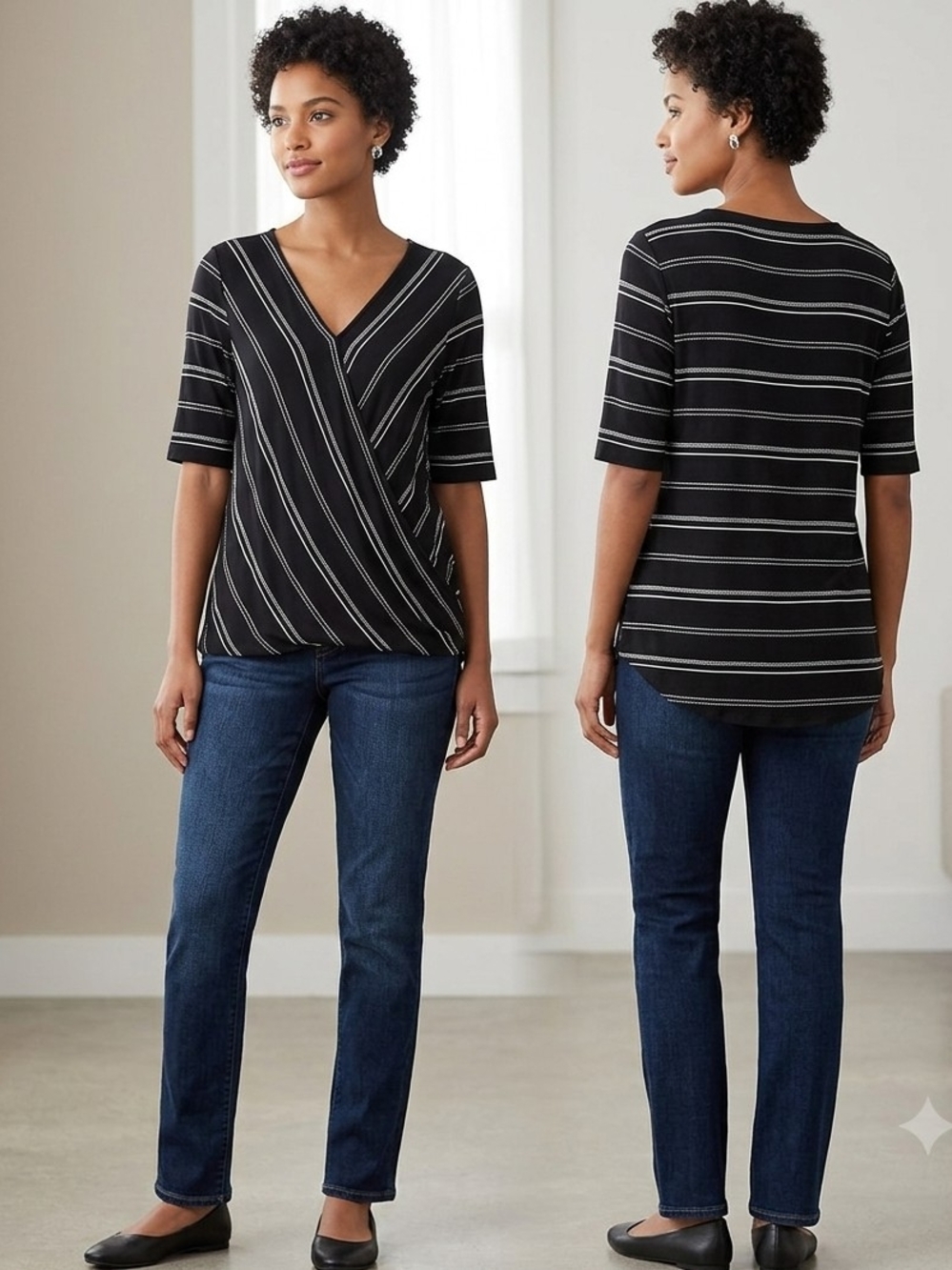 Maurices 24/7 Black White Striped Faux Wrap Surplice Elbow Sleeve Top Large